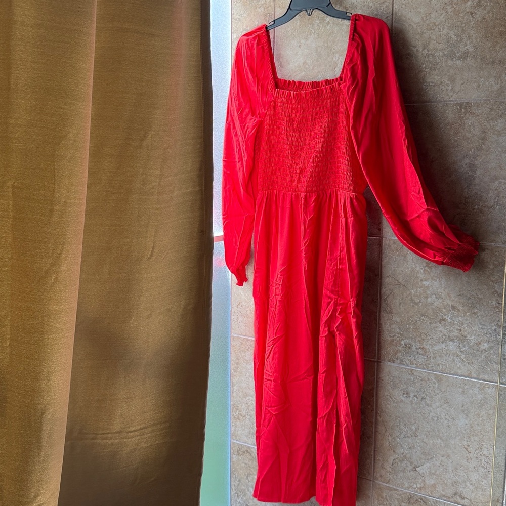 La Ligne x Target Red Smocked Midi Dress Pockets Slit Long Sleeve Flowy Size M